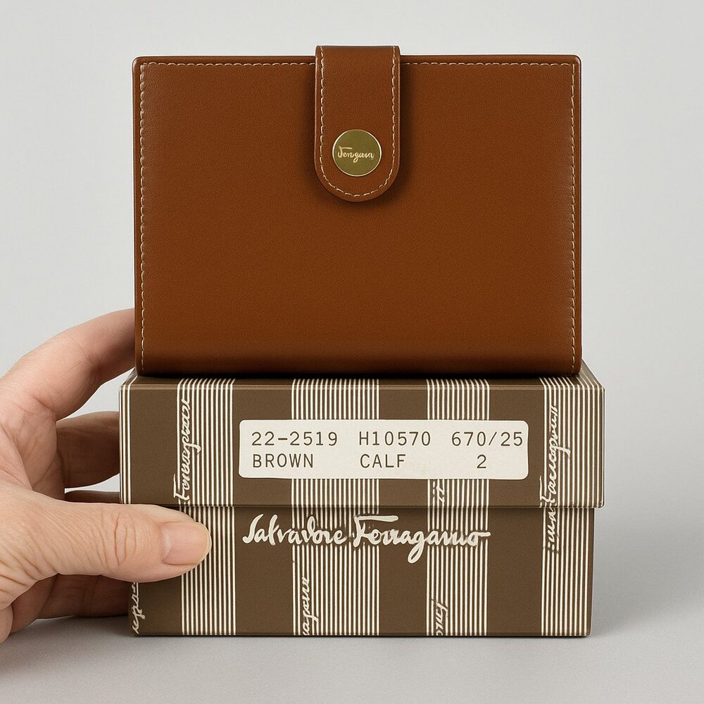 Vintage Salvatore Ferragamo Brown French Wallet w/ Kiss-Lock Coin Purse Boxed